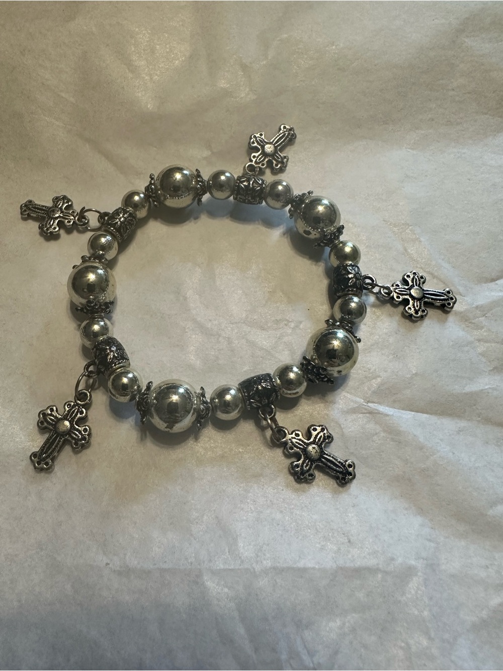 Silver-Tone Cross Charm Beaded Stretch Bracelet | Faith Jewelry | Boho